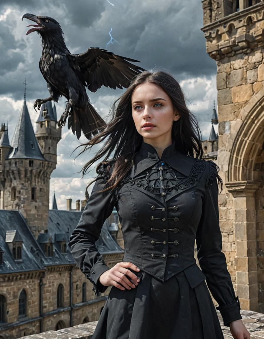 Woman on Gothic Castle Roof with Magic