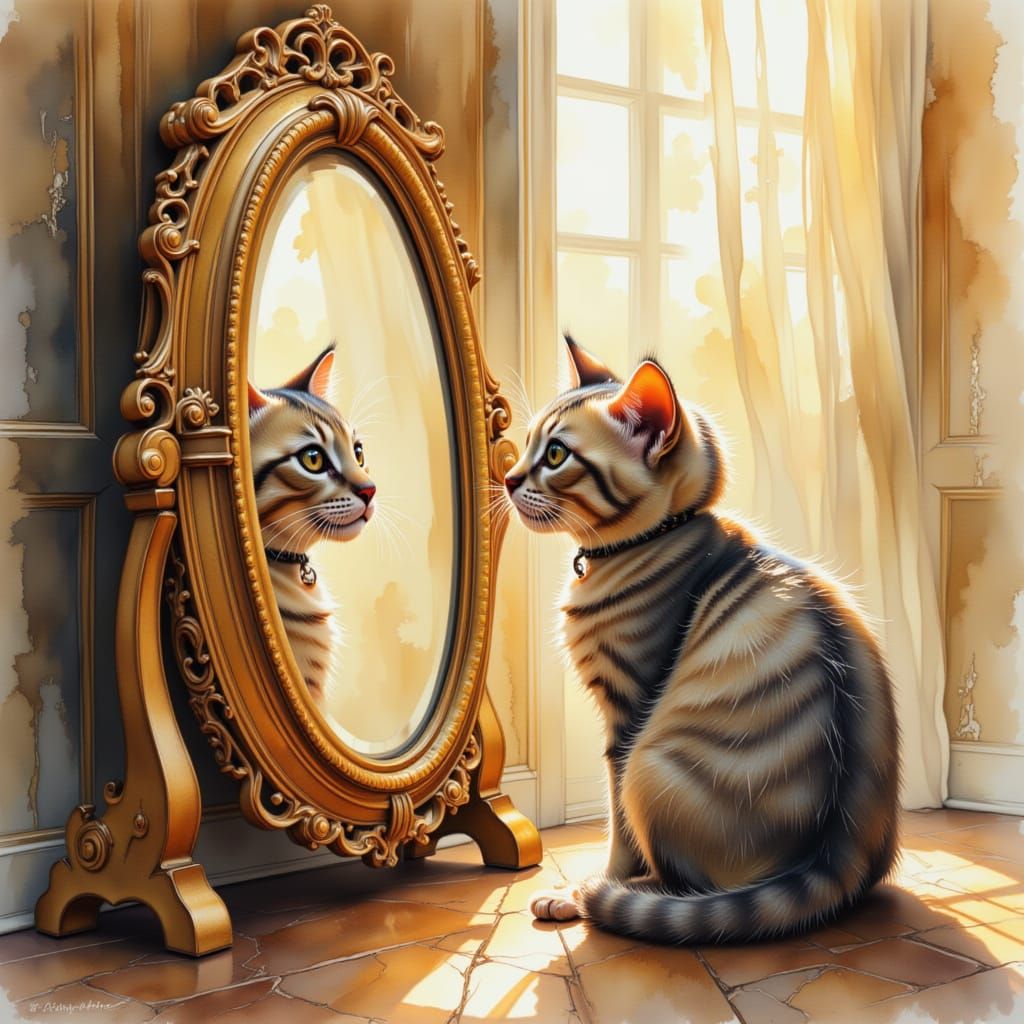 Angry Kitten in Ornate Mirror, Painterly Style