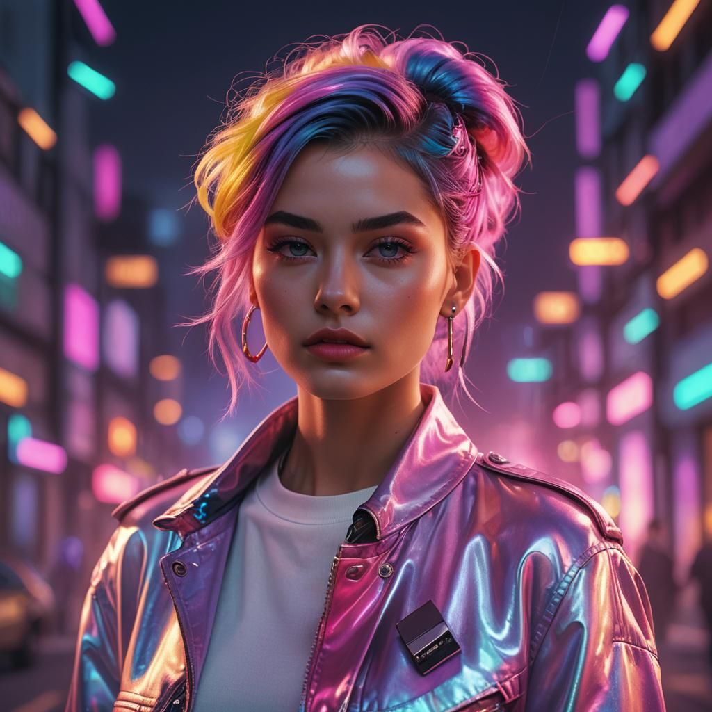 Trendy Woman in Neon-Lit Digital Art