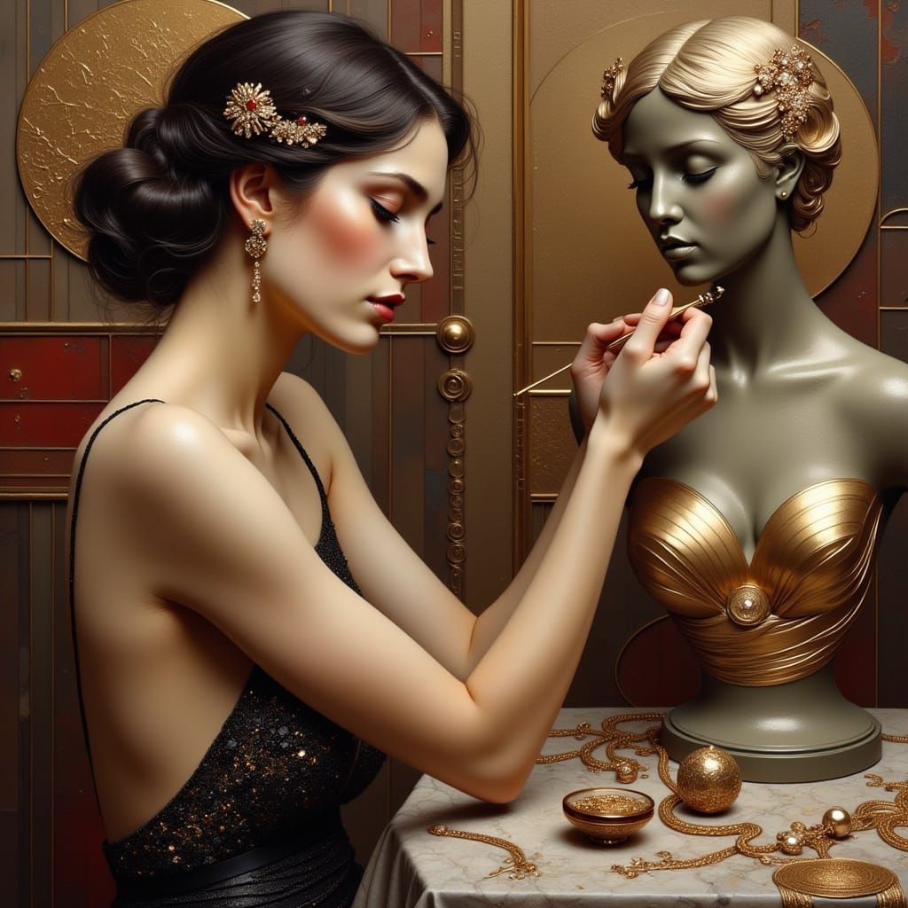 Elegant Artist Sculpting Bust in Art Nouveau Style