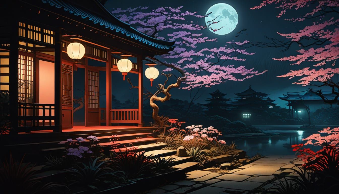 Eerie Ukiyo-e Garden with Glowing Flowers