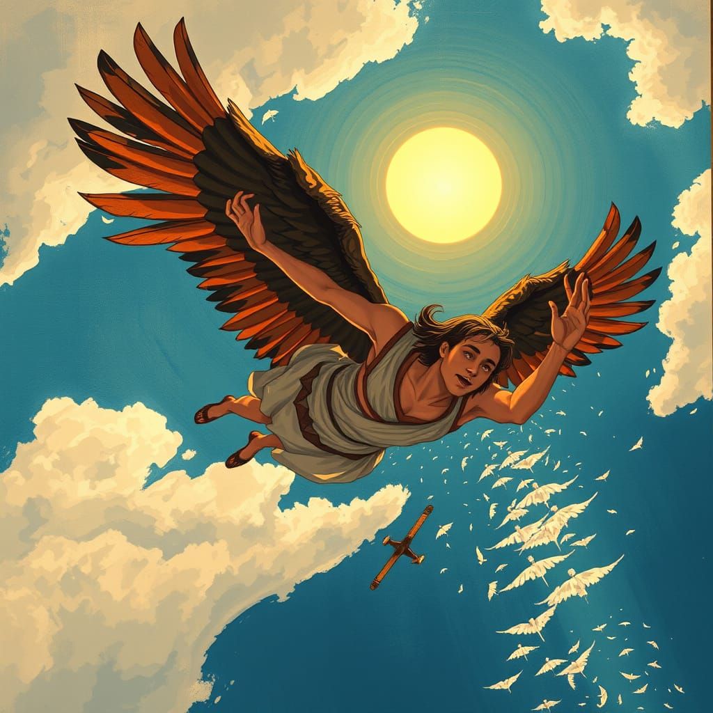 Icarus's Fall: A Woodblock Print Inspired Tragedy