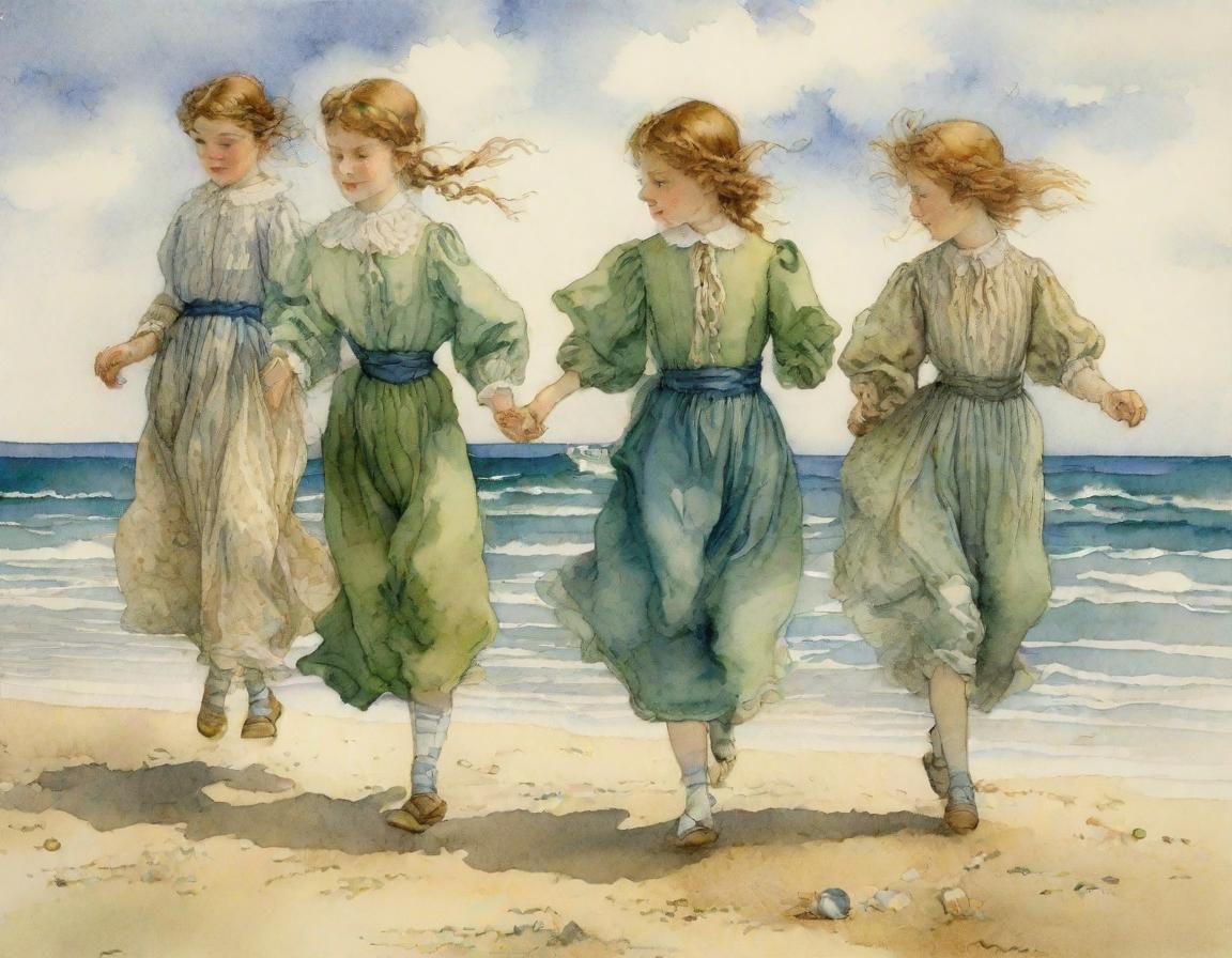 Children Collecting Shells: Delicate Watercolor Painting