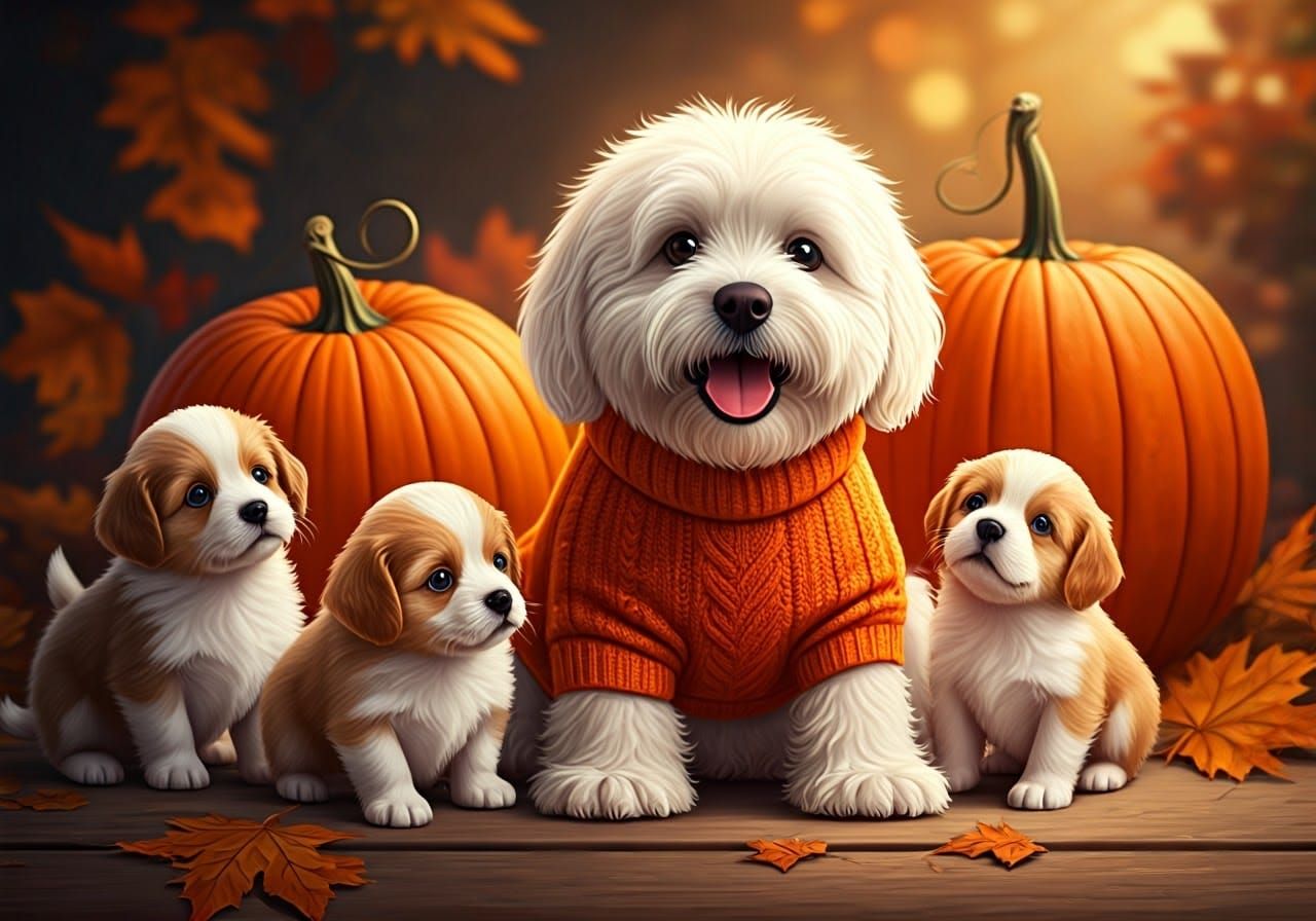 Cozy Autumn Canine Family Surrounded by Pumpkins
