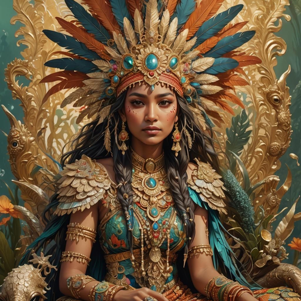 Indian Woman on Mushroom Throne: Hyperrealistic Oil Painting