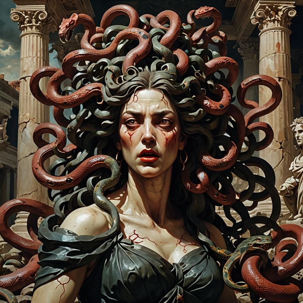 Render Medusa's monstrous face with snakes writhing amid her...