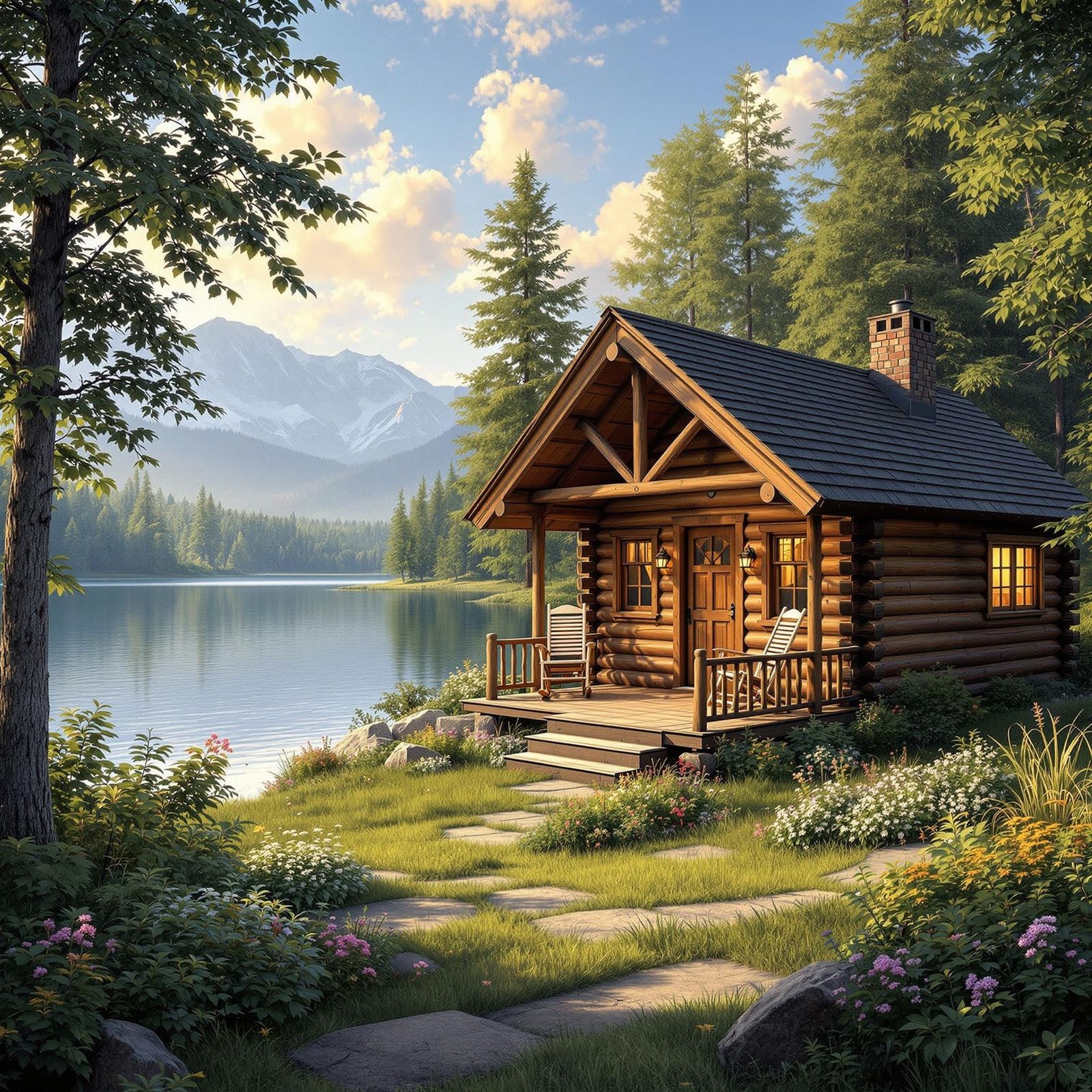 Serene Lake Cabin in Watercolor Style