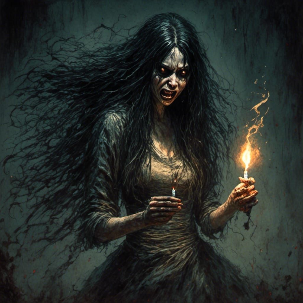 Frightened Woman in Darkness with Lighter: Horror Style
