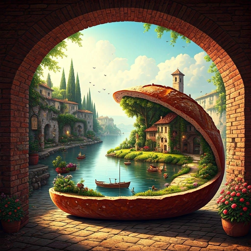 Whimsical Bread World in Sunlit Tuscan Courtyard