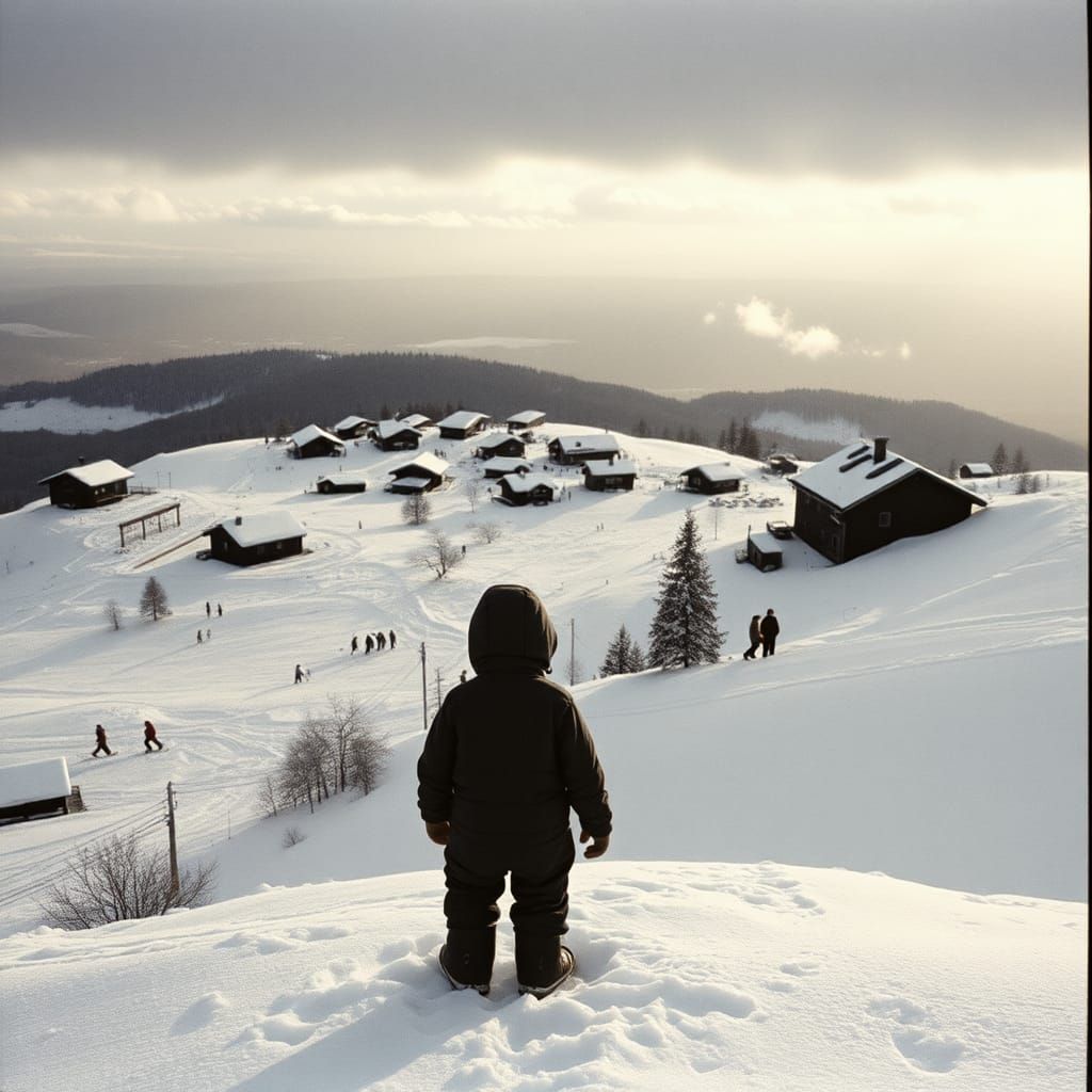 Nostalgic Winter Village Scene in Black and White