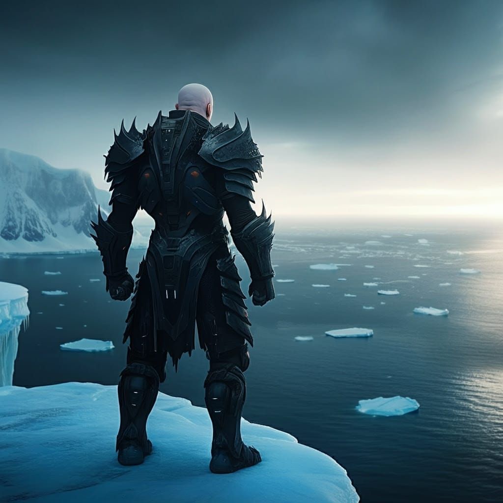 Cyberpunk Warrior Dominates Arctic Landscape