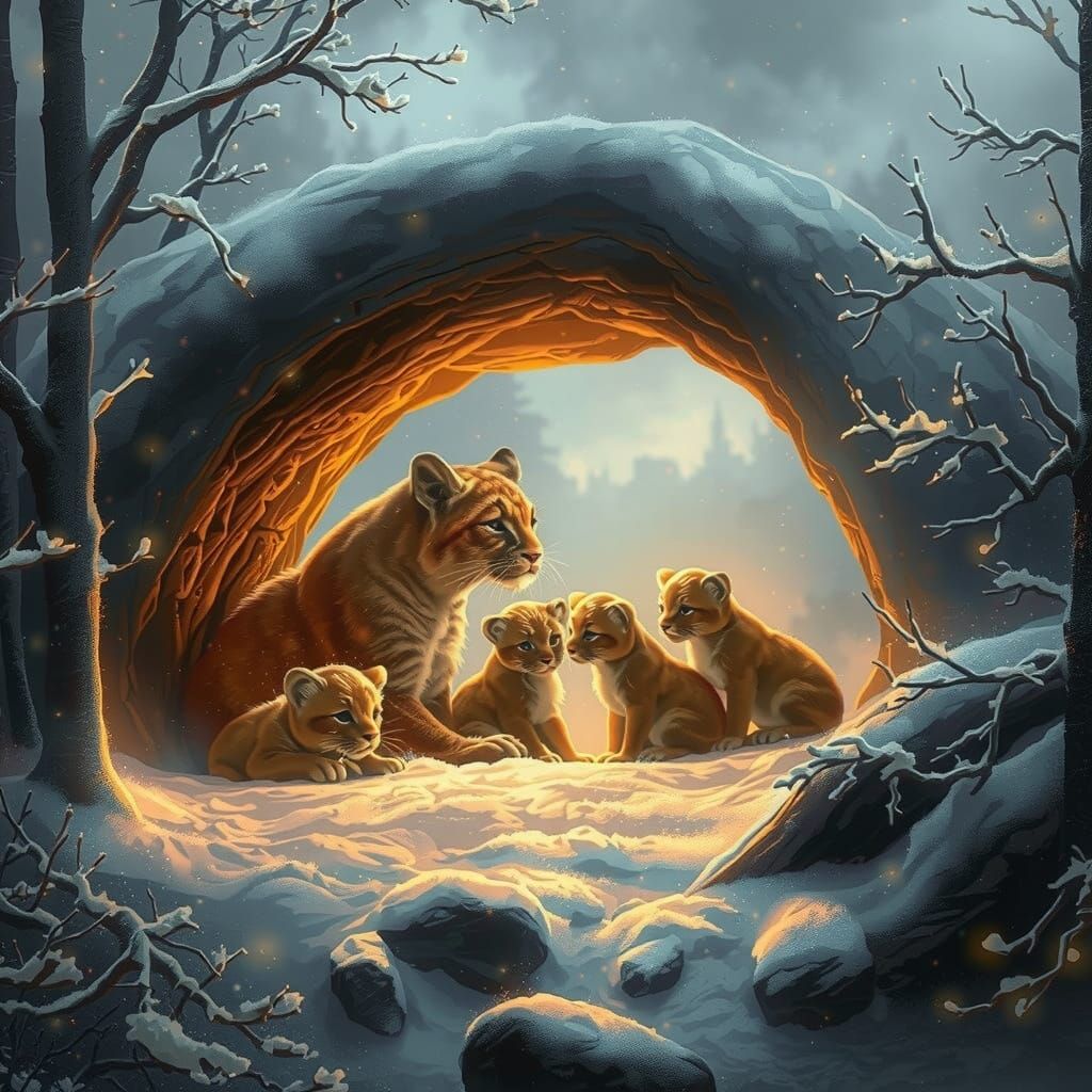 Frosty Forest Sanctuary with Cougar Mother and Cubs