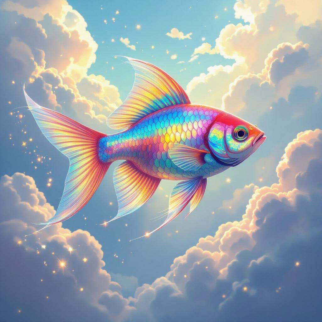 Vibrant Rainbow Fish Soars Through Luminous Fantasy Sky