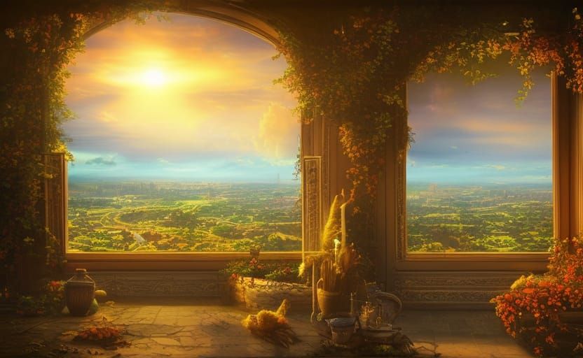 Fantasy Window to Grand City at Sunset