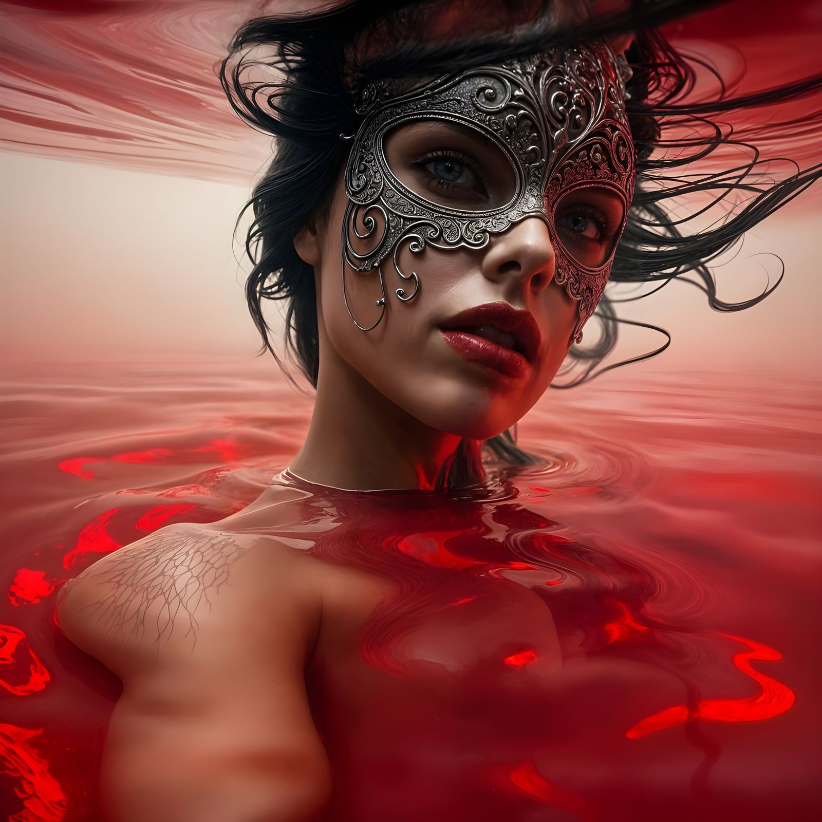 Ethereal Female Form in Crimson Waters