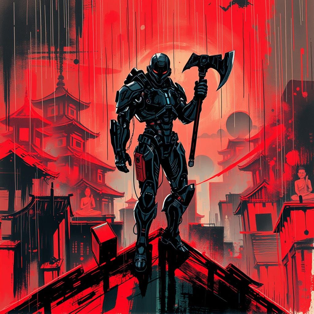 Cyberpunk Cityscape in Whimsical Chinese Art Style