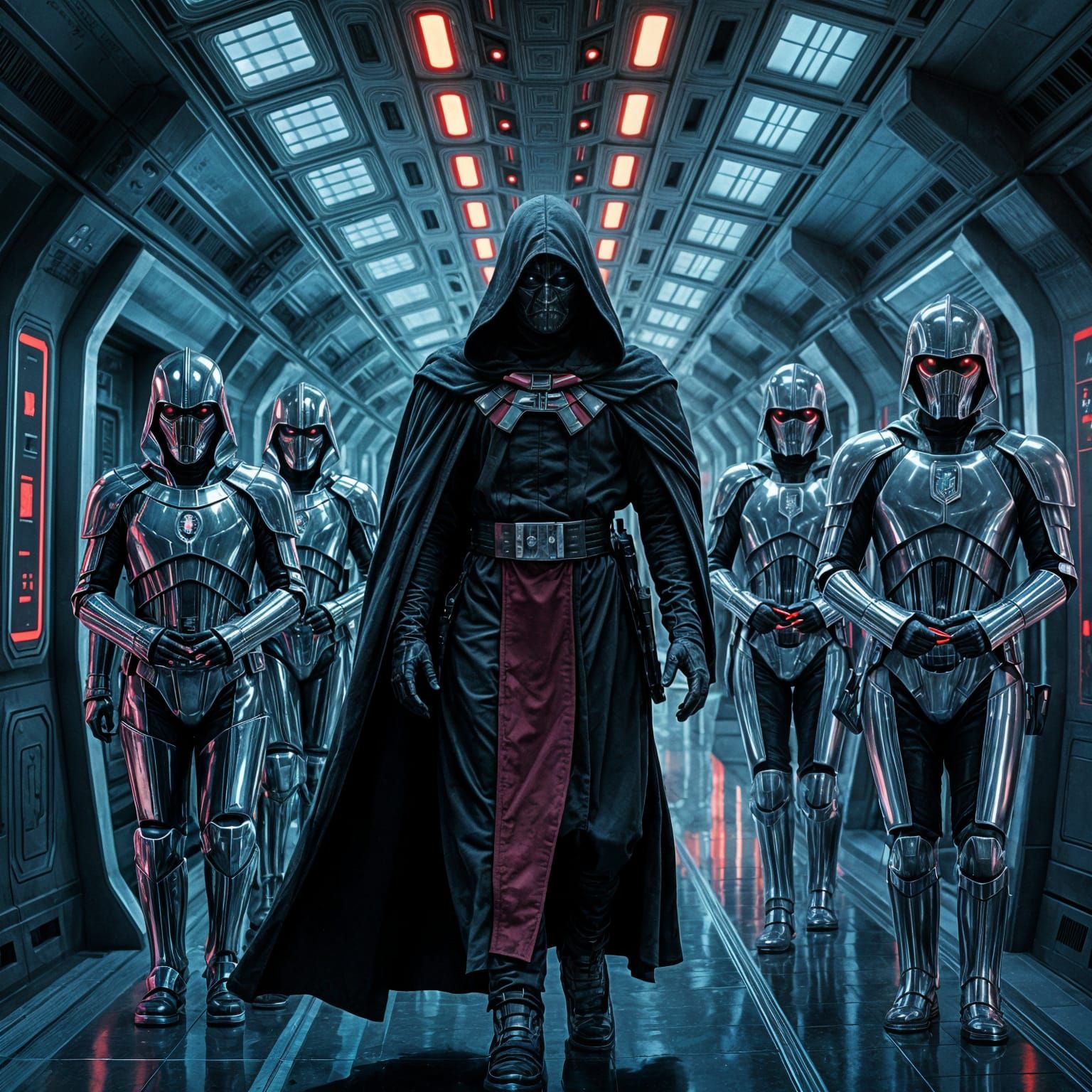 Dark Sith Lord Strolls Futuristic Space Hallway with Imperia...