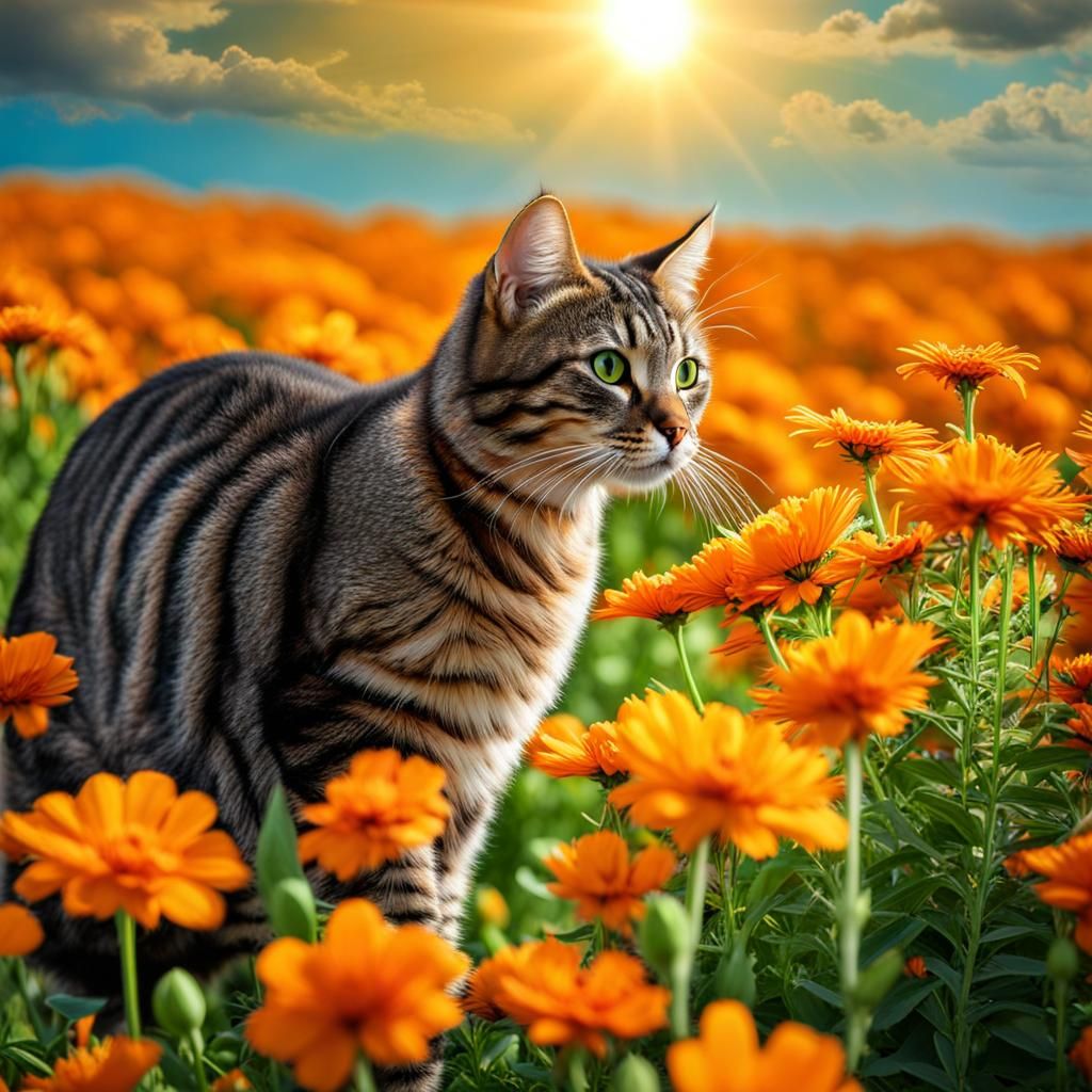 Tabby Cat in Orange Flower Field: Impressionistic Surrealism