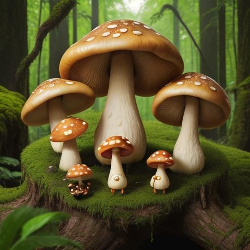 Anthropomorphic Mushrooms in Lush Green Forest
