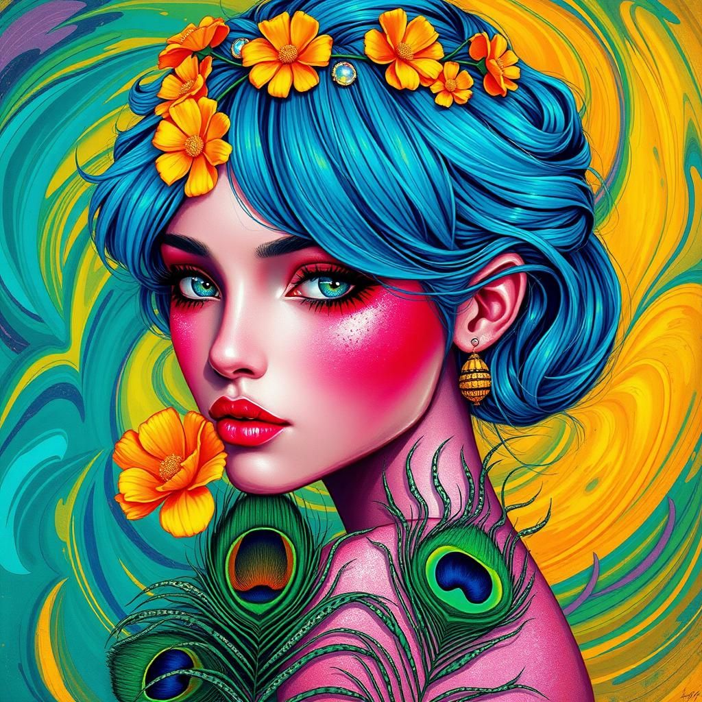 Vibrant Woman with Marigolds and Peacock Feathers