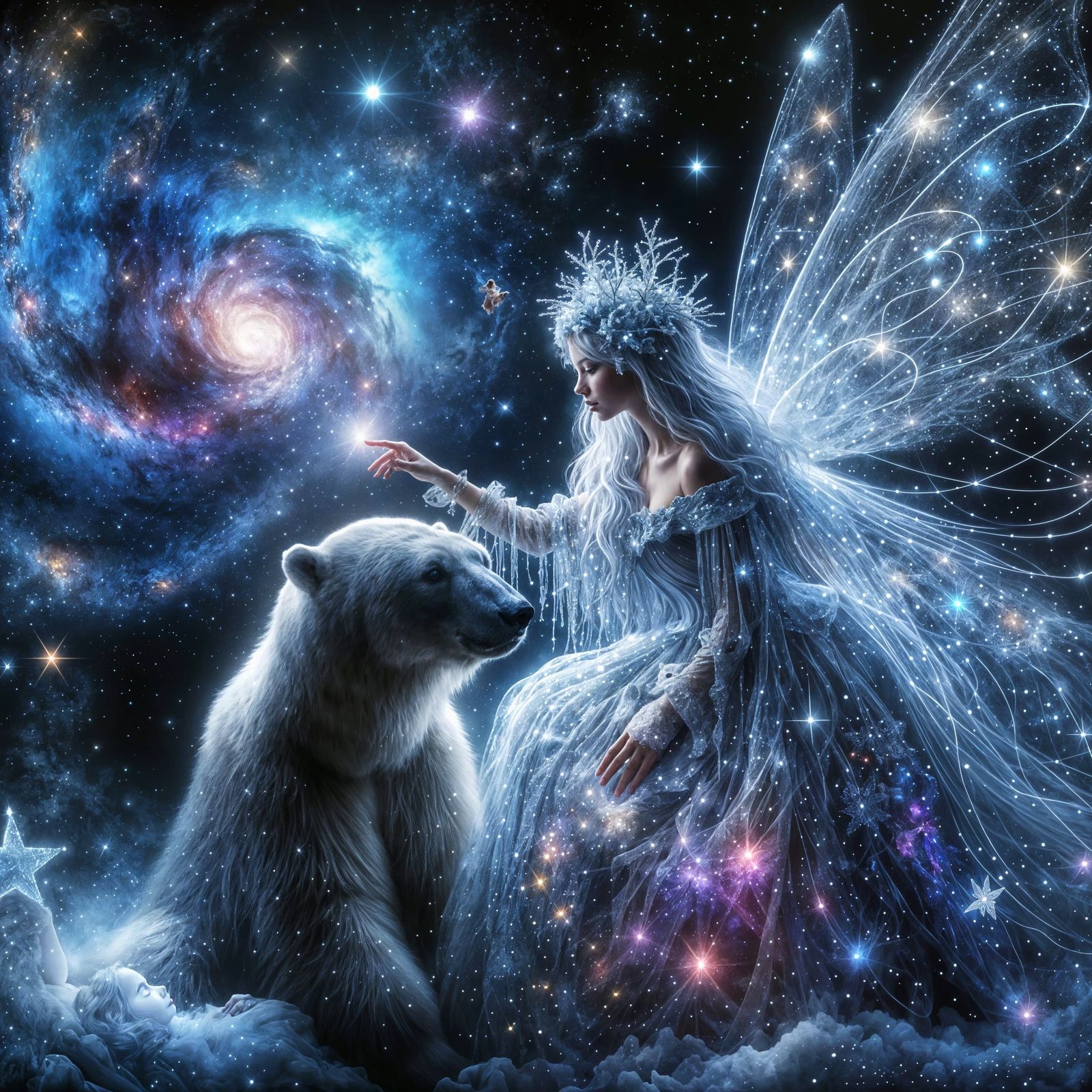 Romantic Interlude of Christmas Fairy and Noble Polar Bear i...