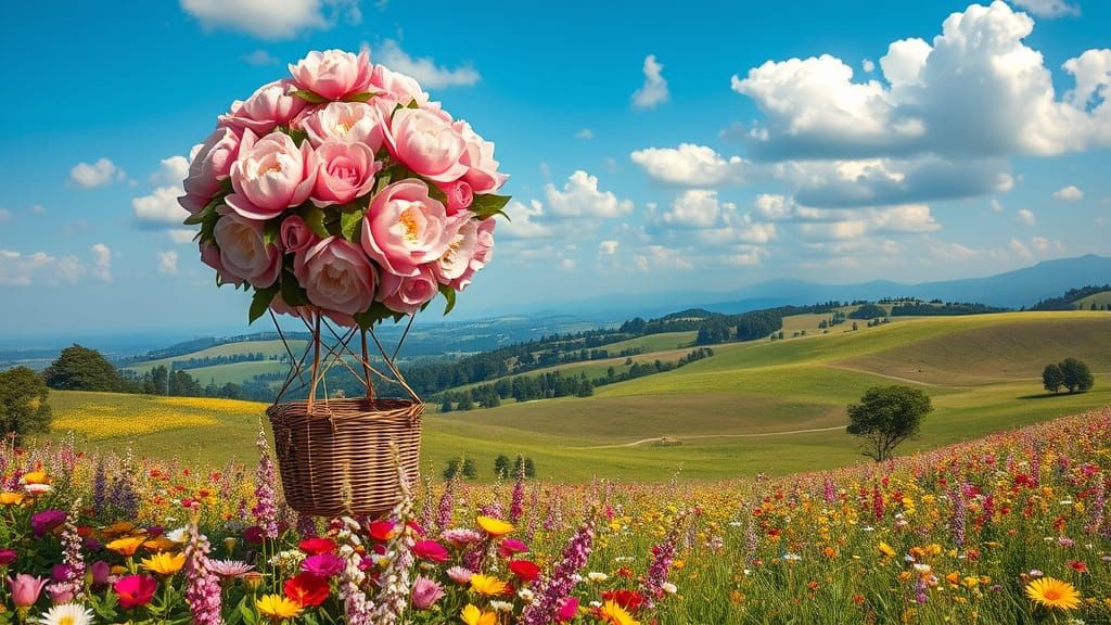 Victorian-Inspired Hot Air Balloon in a Floral Wonderland