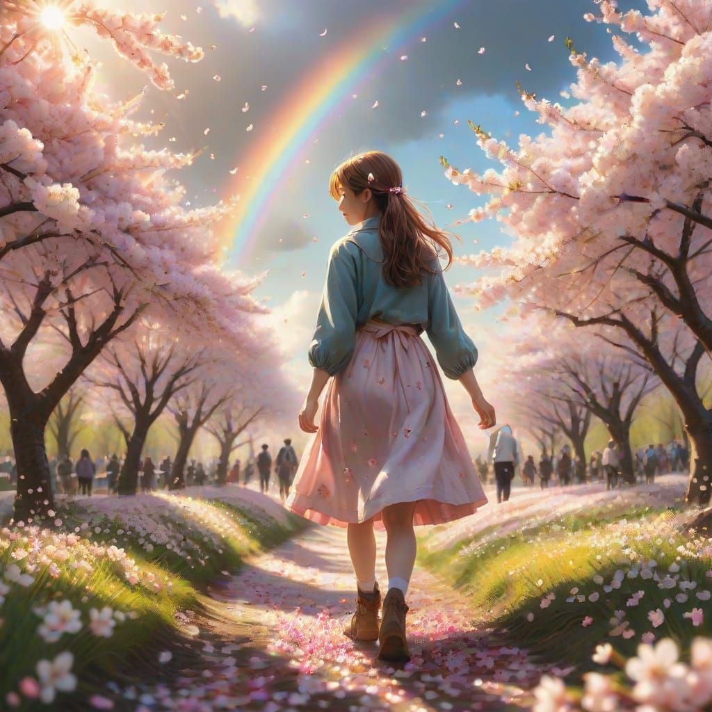 Vibrant Cherry Blossom Garden Under Double Rainbow