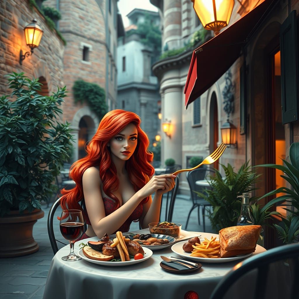 Red-Haired Mermaid Savoring Italian Feast in Ancient Rome