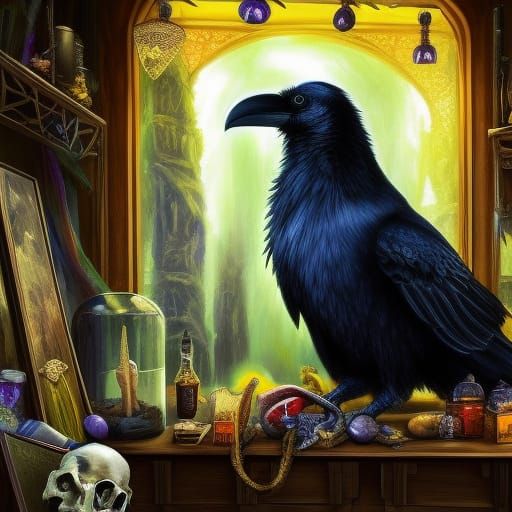Mystical Raven in Wizard's Shop, Oil Painting
