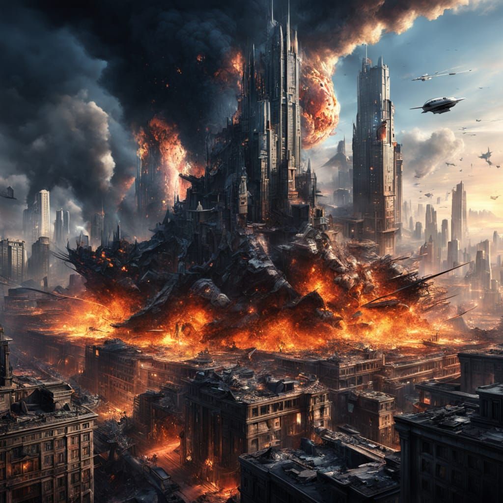 Surreal Cityscape in Chaos, Cyberpunk Style