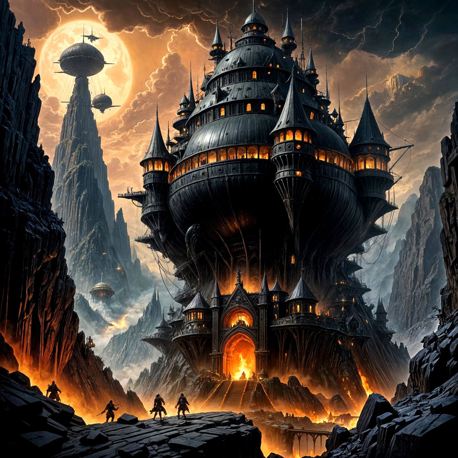 Dark Fortress on Stormy Peak with Steampunk Airships