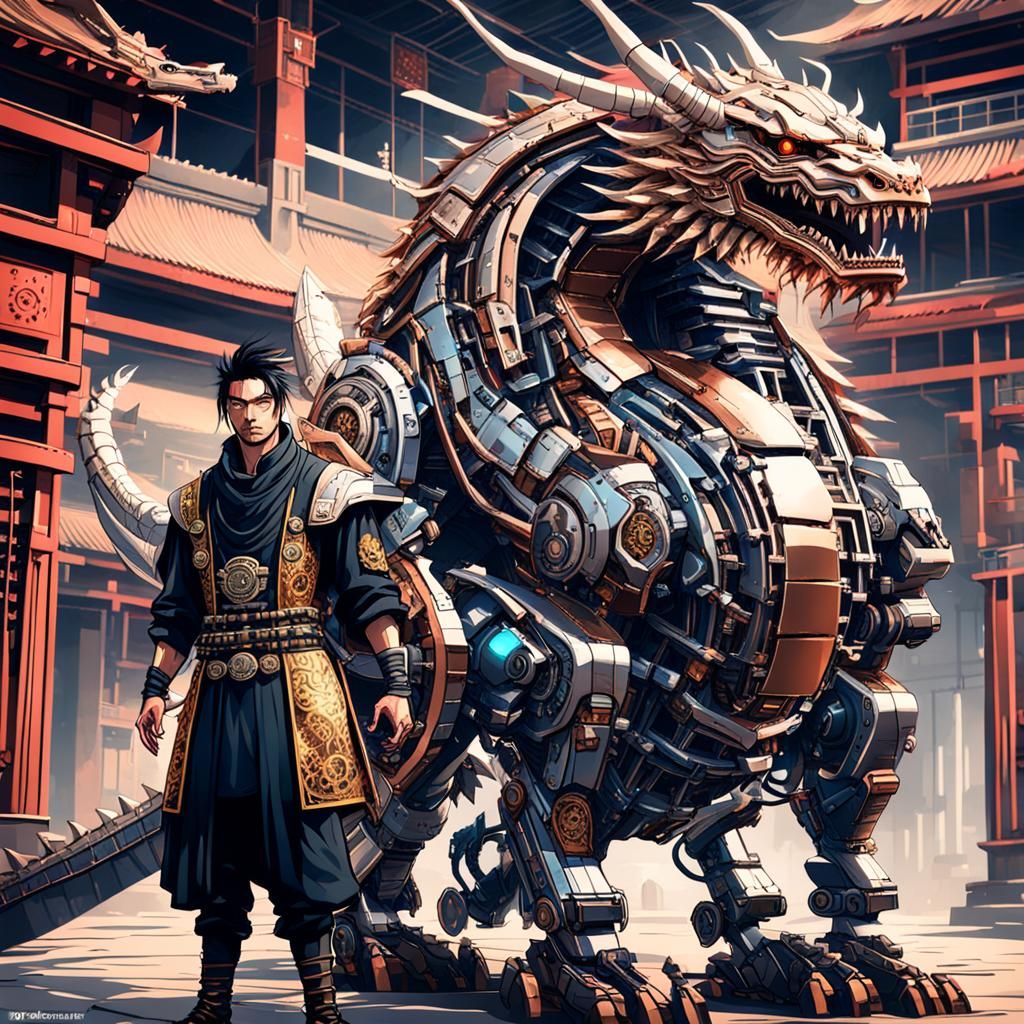 Cyber Samurai Confronts Robotic Dragon: Steampunk Style
