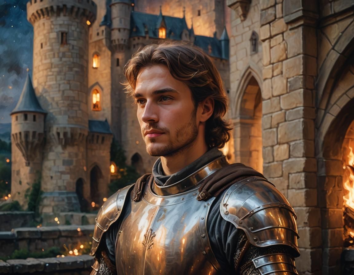 Firelit Knight Stands Guard: A Romantic Oil Painting