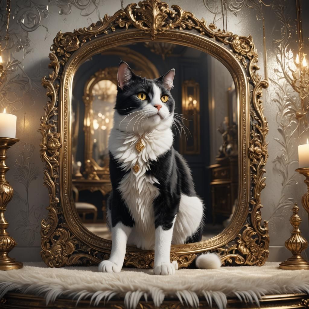 Black and White Cat in Whimsical Fantasy Mirror