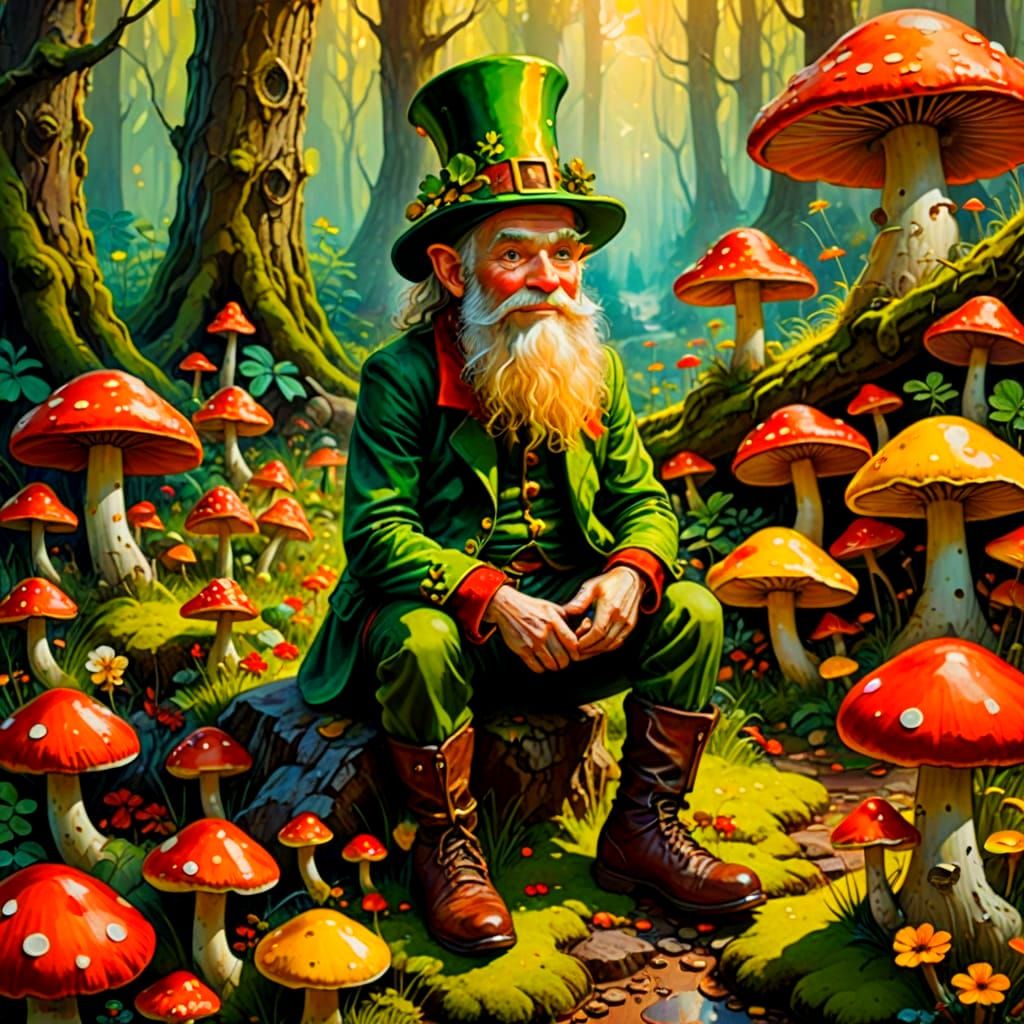 Whimsical Leprechaun Among Red and Yellow Spotted Mushrooms