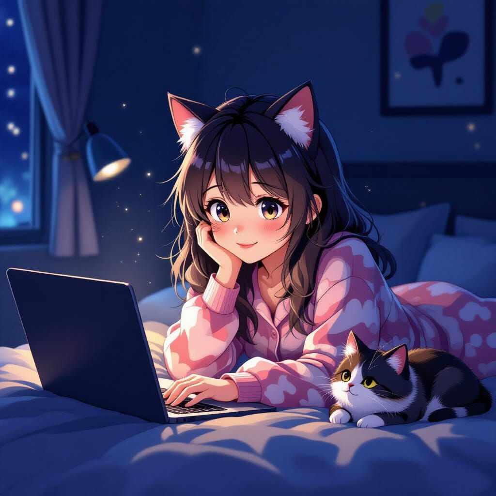 Anime Woman with Cat Ears Watching Laptop