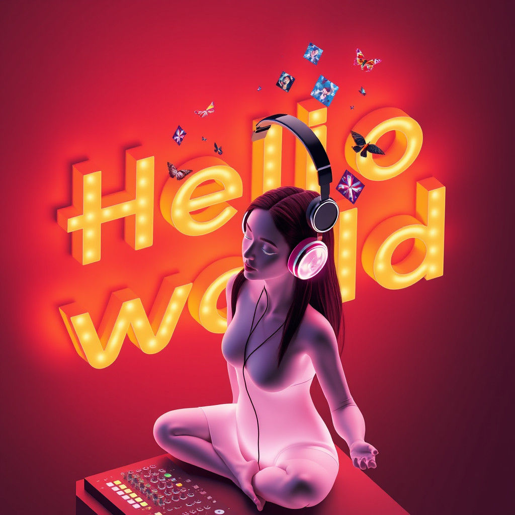 Glowing Neon "Hello World" Sign with Holographic DJ