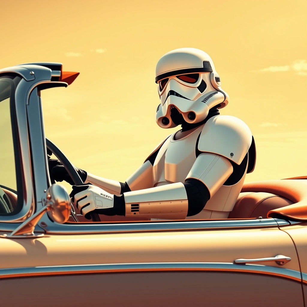 Stormtrooper Driving 1950s Convertible in Retro-Futuristic S...