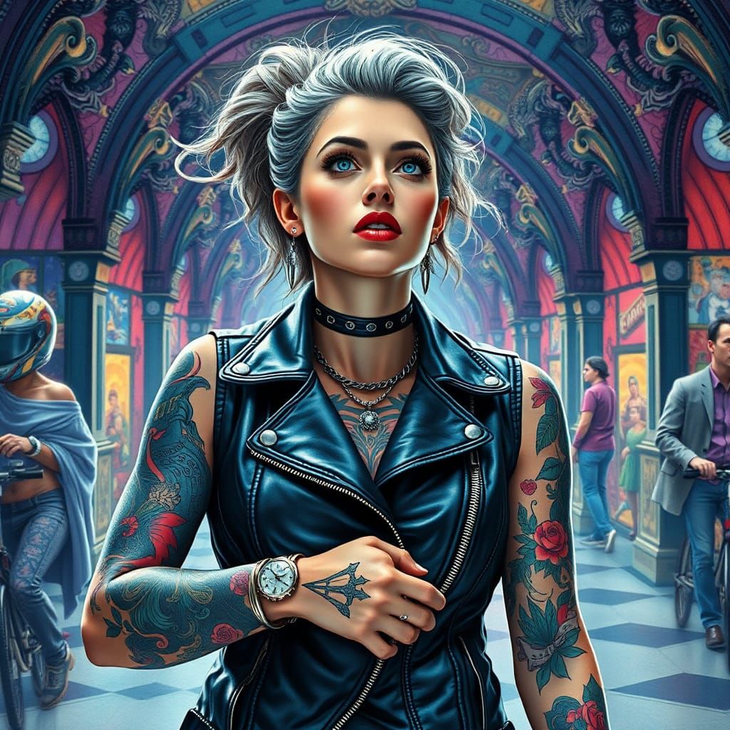 Biker in Escher-Inspired Watercolor Art