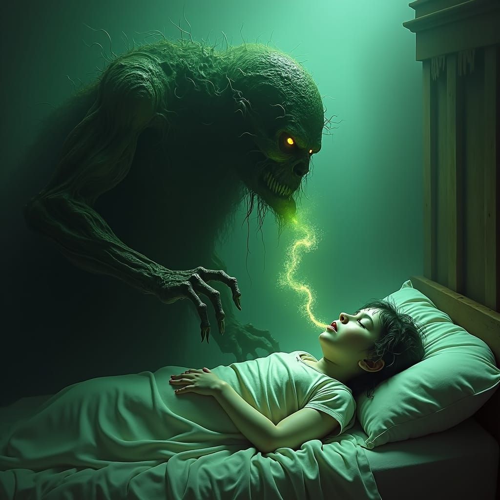 Macabre Green Hag Steals Life Force, Ethereal Art