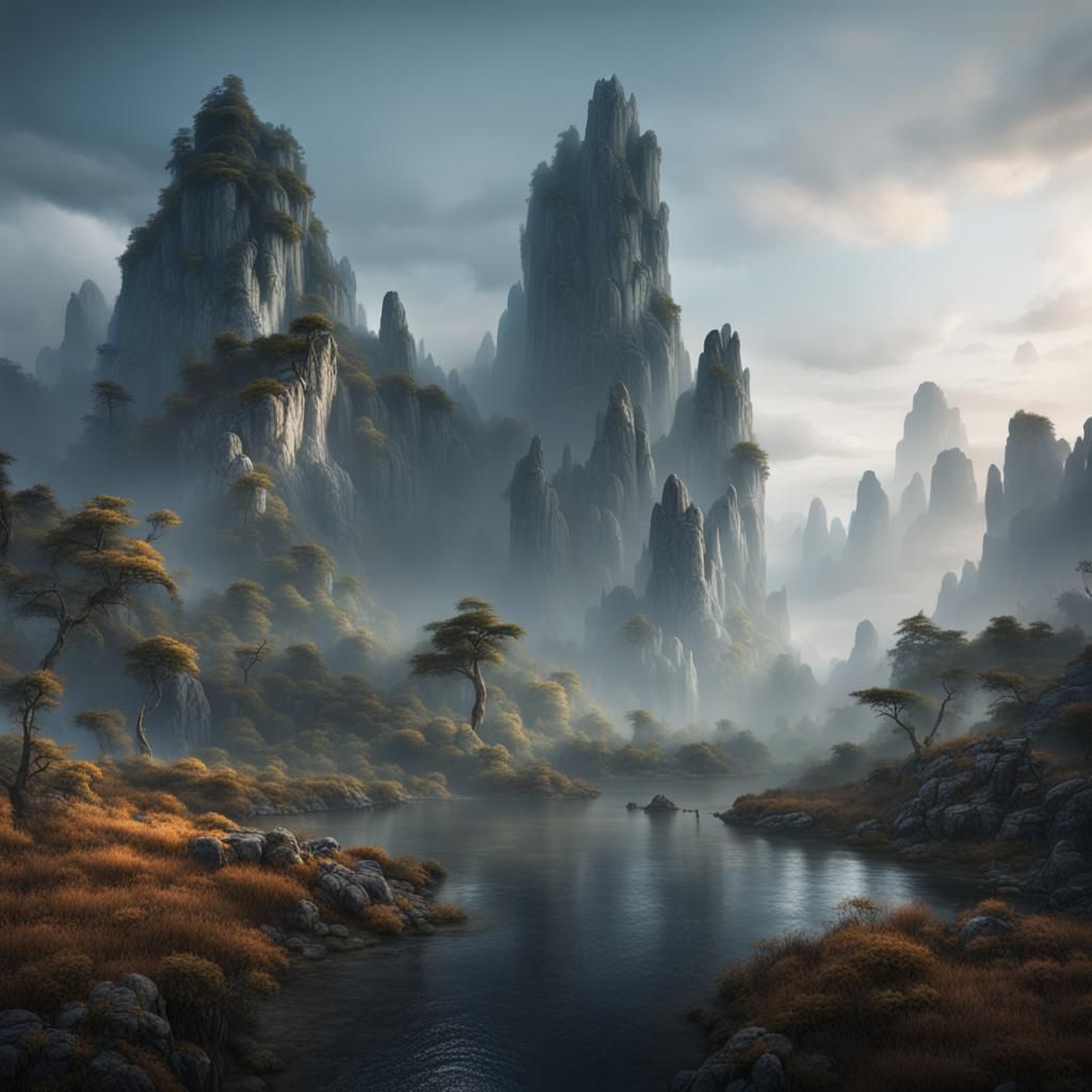 Mystical Karst Landscape: Detailed Matte Painting