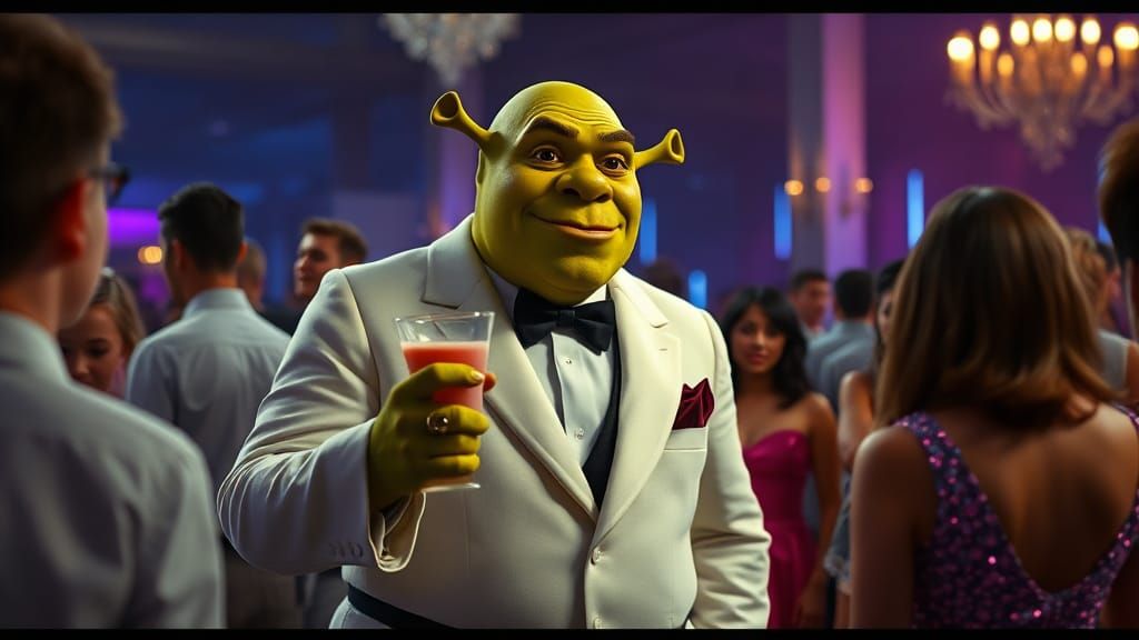 "Shrek is wearing a white tux and drinking a cup of punch as he stands watching normal kids dance at the High School Pro...