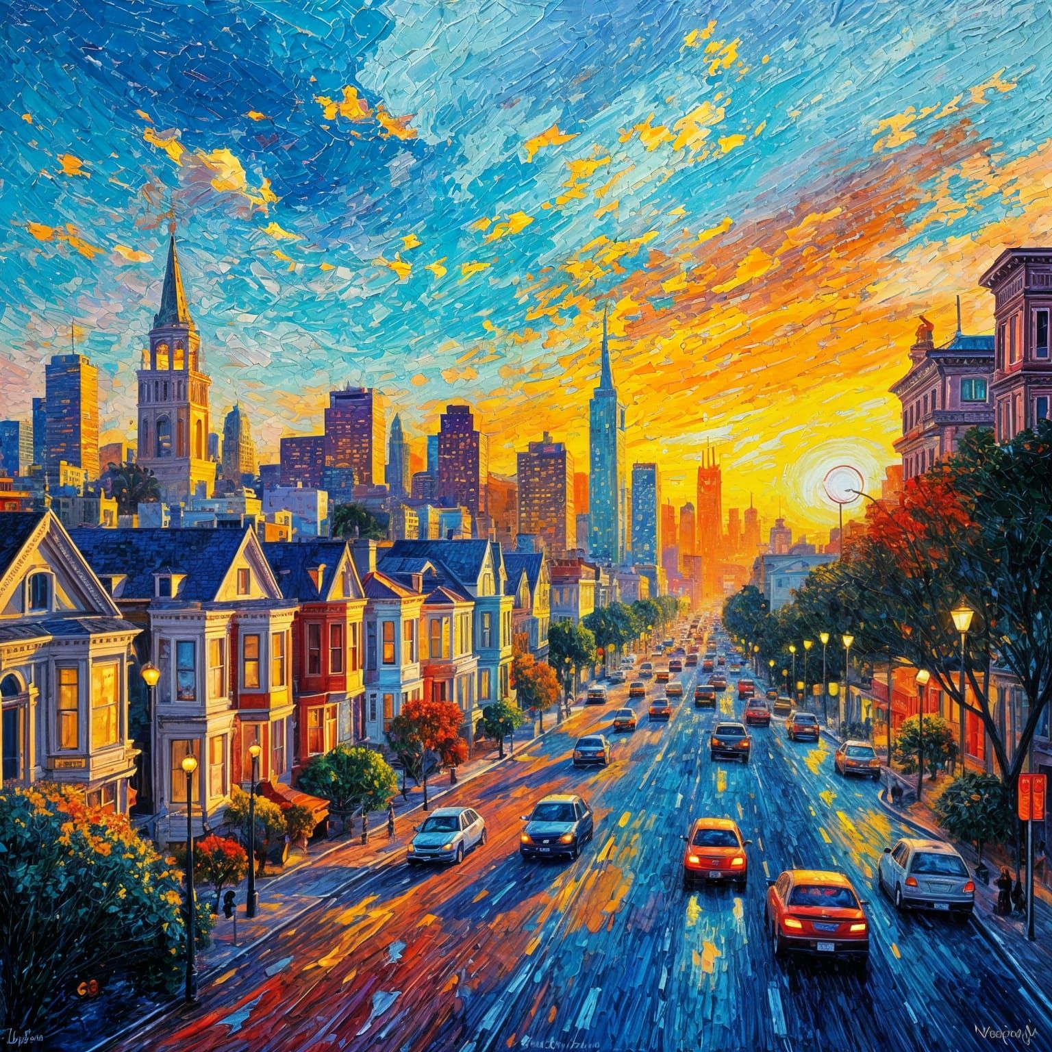 Vibrant San Francisco Sunset in Neo-Impressionist Style