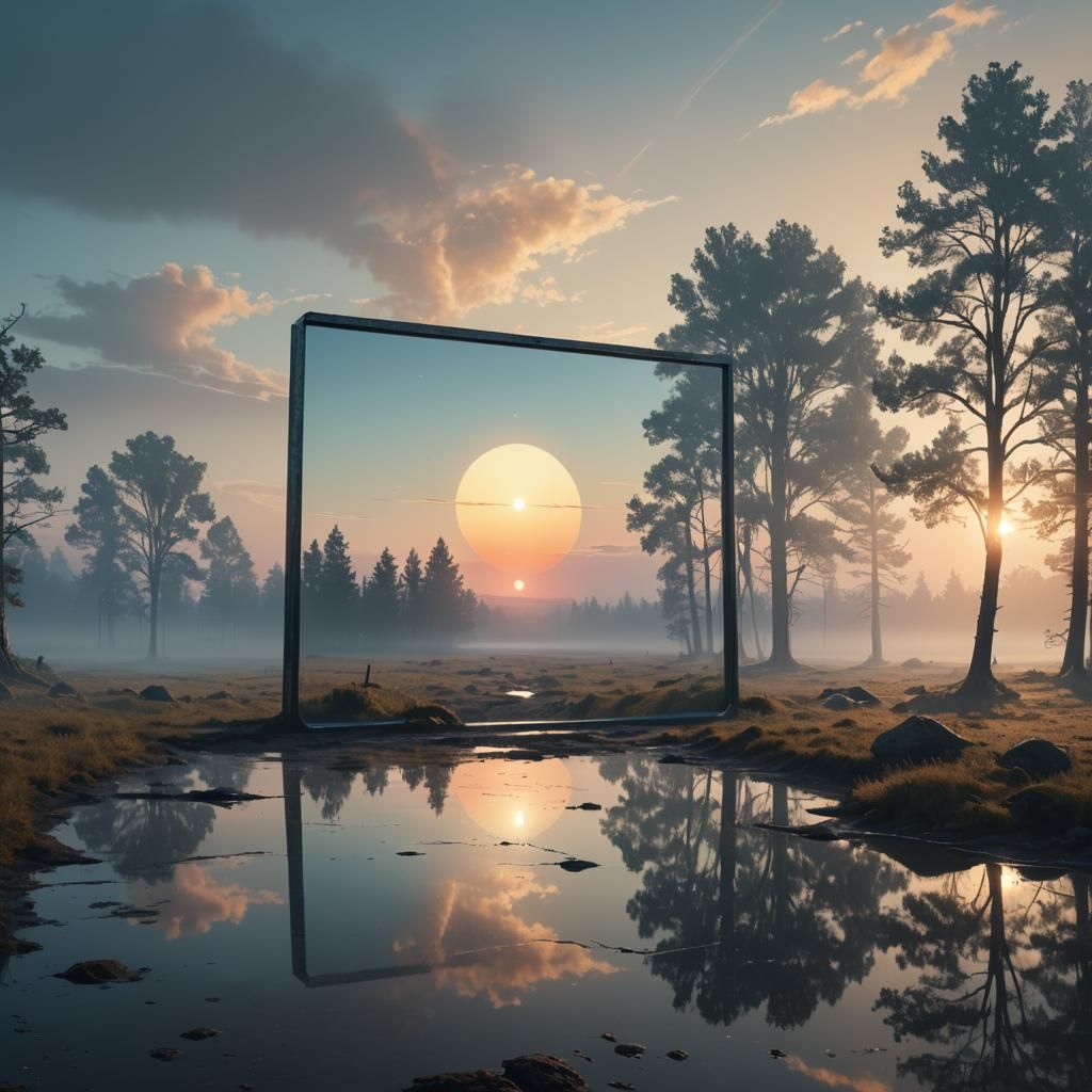 Magical Mirror Reflects Dawn in Dreamy Landscape