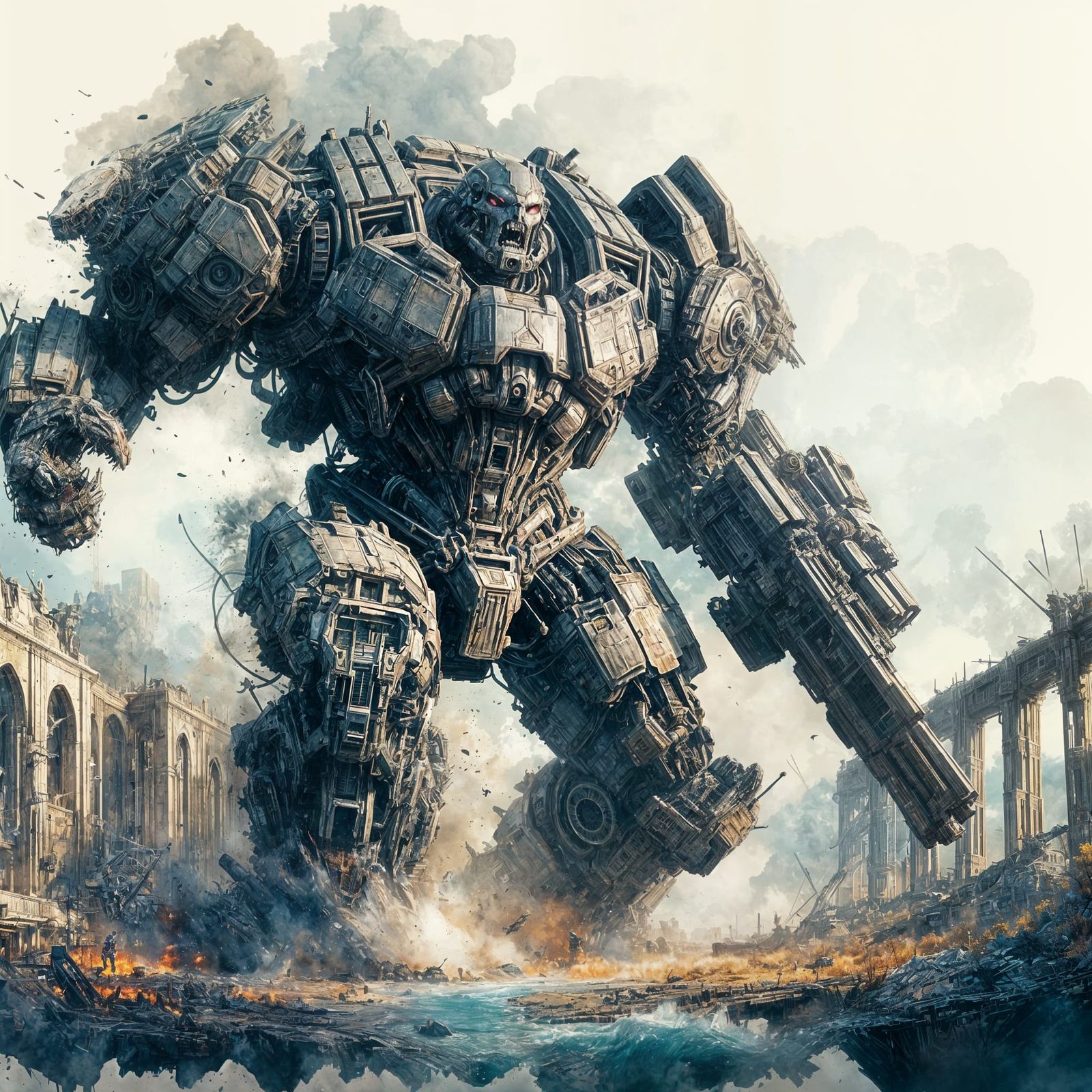 Monstrous Cyborg in Post-Apocalyptic Watercolor Landscape