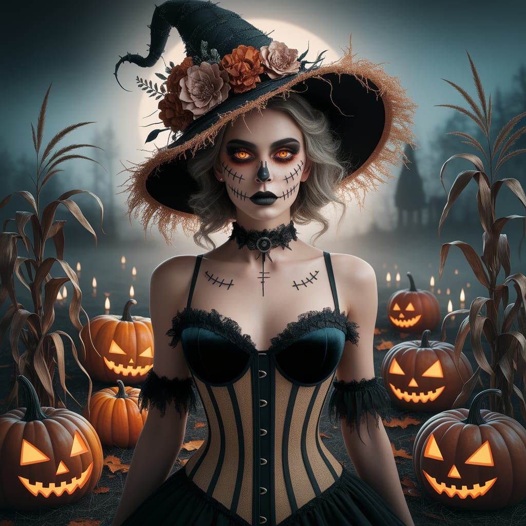 Haute Couture Scarecrow Woman Portrait with Autumn Field