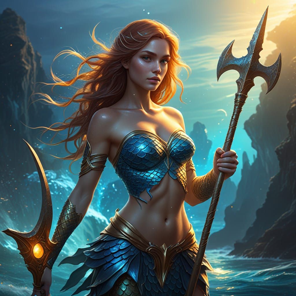 Mermaid Warrior with Halberd in Fantasy Art