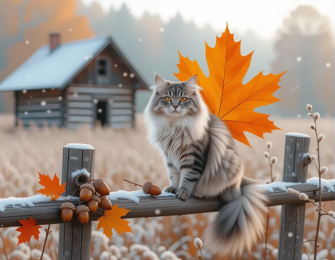 Fluffy Cat on Autumn Flower Fence