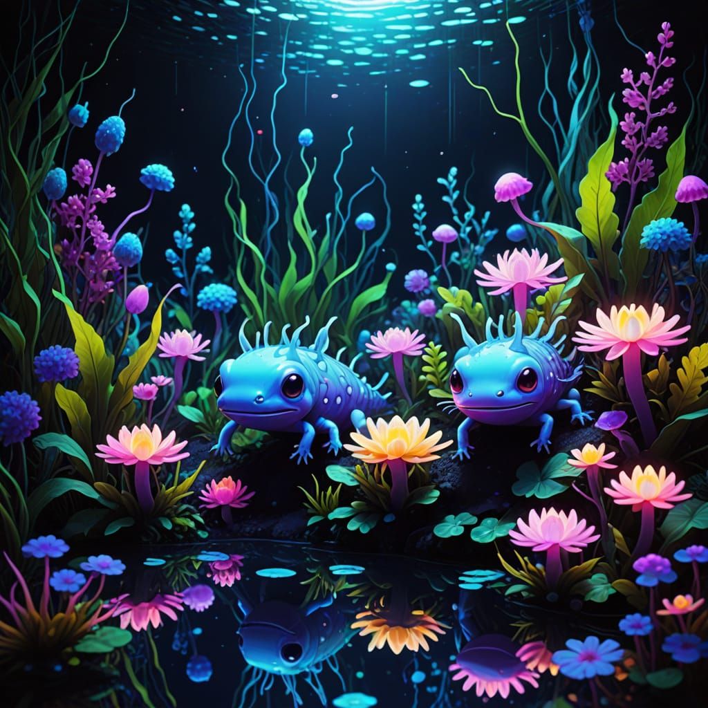Surreal Neon Aquatic Scene with Glowing Axolotls