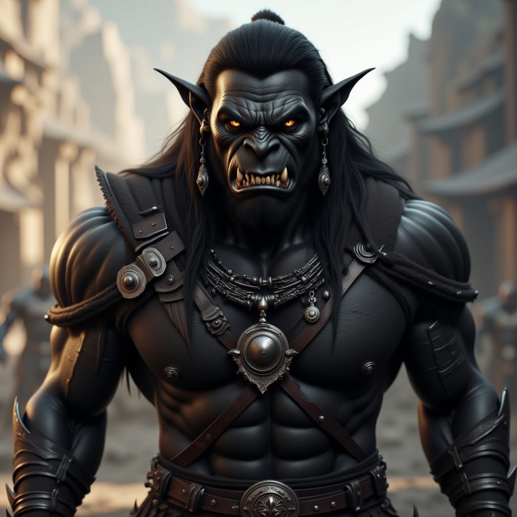 Black Orc Warlord with Charcoal Skin and Angry Expression